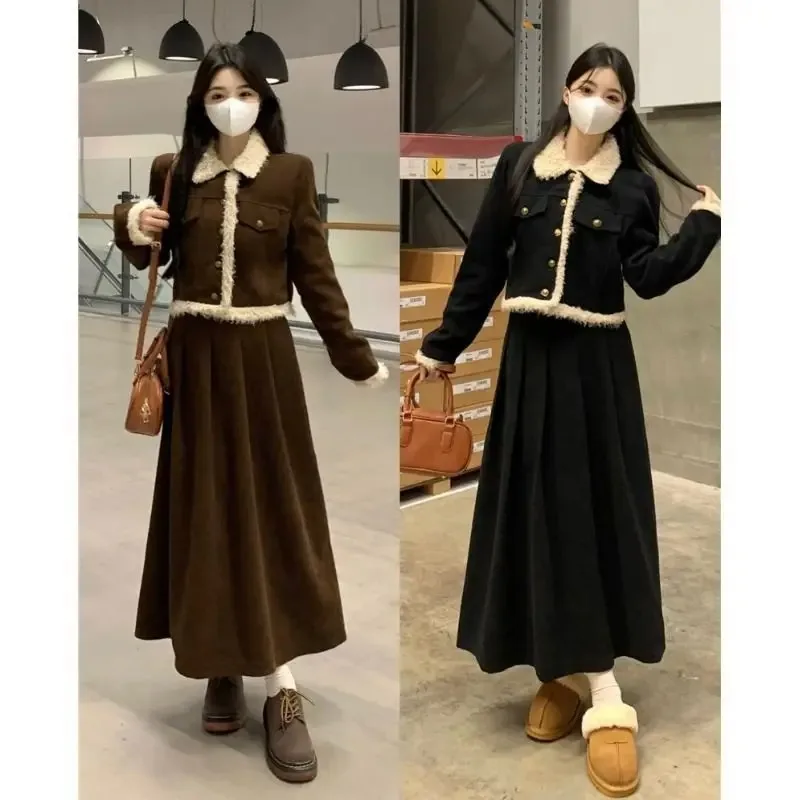 Lnsozkdg Retro Skirt Suits Women Autumn Winter Short Woolen Long Sleeved Coat + A-Line Suspenders Long Skirt Two-Piece Set Women