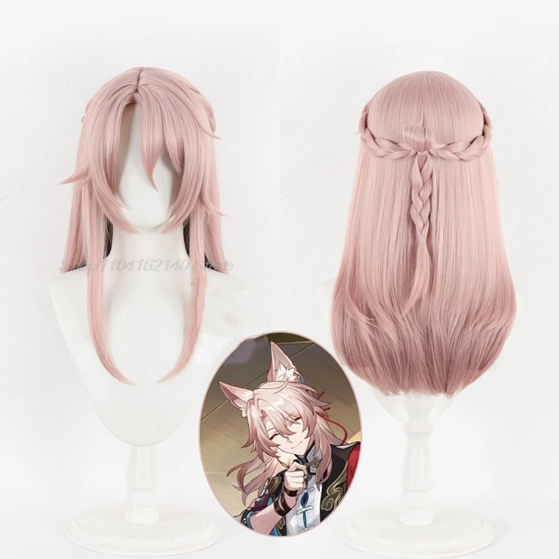 Honkai Star Rail Jiaoqiu juego Cosplay tocado de oreja peluca de cola pelo largo rosa Foxian Xianzhou Yaoqing Feixiao accesorios de fiesta de Halloween