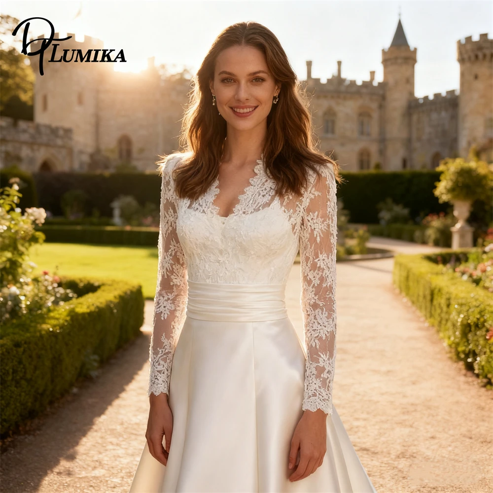 

Satin Lace Wedding Dress with Pocket A Line Long Bride Dresses Full Illusion Sleeves Made-to-Order Womens Bridal Gown