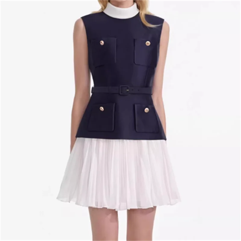 

Women's dress 2025 summer New color blocking patchwork mini dress Multi pocket decorative sleeveless short dresses pleated dress