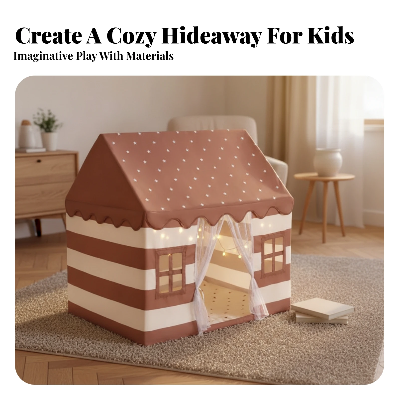 Play Tent with Curtains House-Shaped Indoor Playhouse Tent Hideout Long-Lasting Toy Comfortable for Toddlers, Playroom, Bedroom