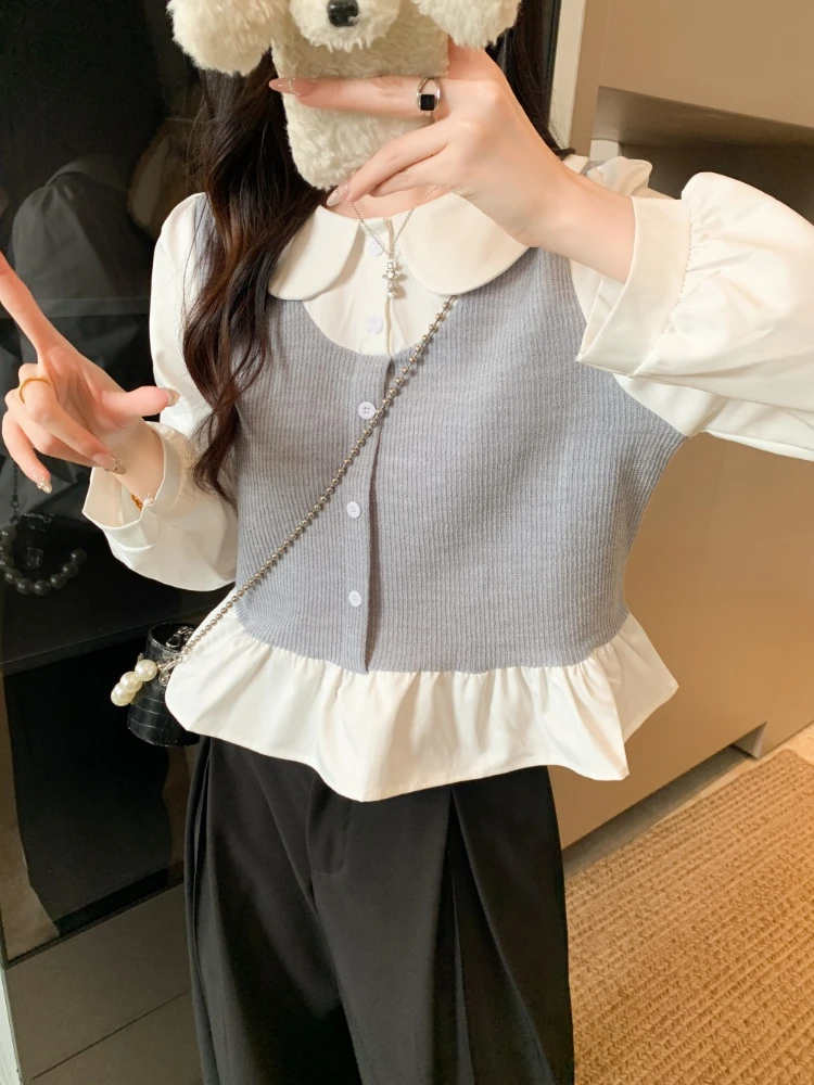 Echter Schuss Herbst Winter 2025, neue Mode, lässig, Patchwork, Kontrastfarbe, gefälschtes zweiteiliges Langarm-Shirt für Damen, elegantes Basis-Top