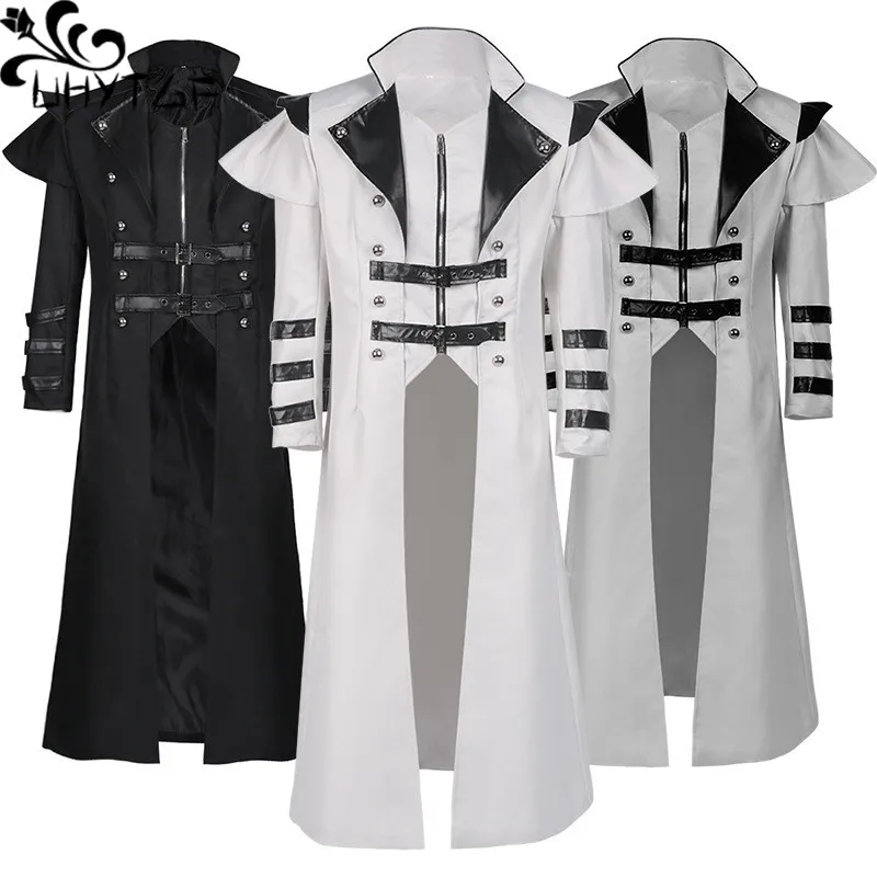 Vintage Halloween Medieval Steampunk Elves Pirate Costume Adult Men Black Long Split Jacket Gothic Armor Leather Coats 581