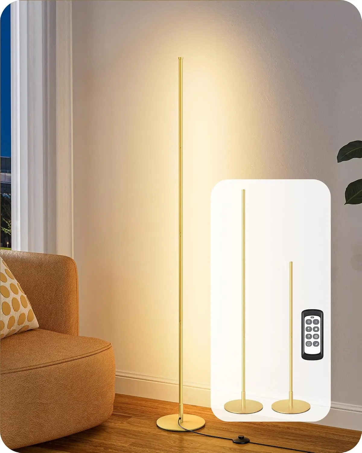 

59.8" Corner Floor Lamp with 3 Heights, Adjustable Color & Dimming, Remote & Foot Switch, Gold