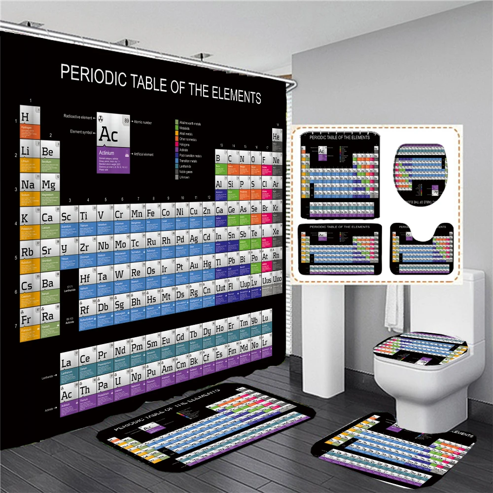 3d Periodic Table of Elements Print Bathroom Curtains Fabric Shower Curtain Set Bath Mats Rugs Toilet Lid Cover Anti-slip Carpet