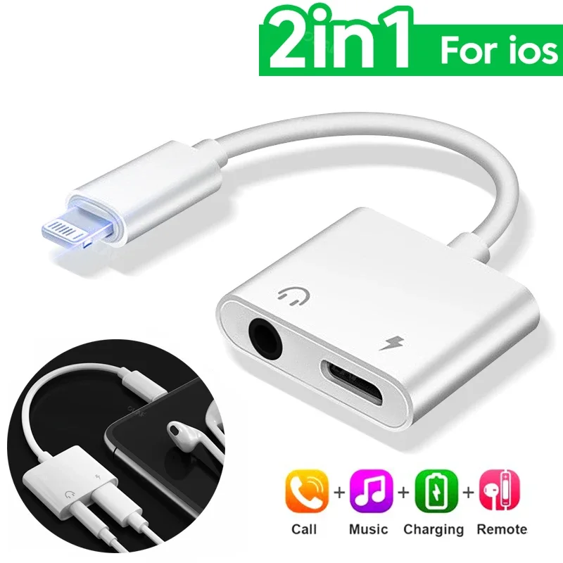 For iPhone 2 In 1 Audio Adapter Aux Jack Headset Lighting 3.5mm To Headphone Splitter Charging Earphone Cable For iPhone 14 13