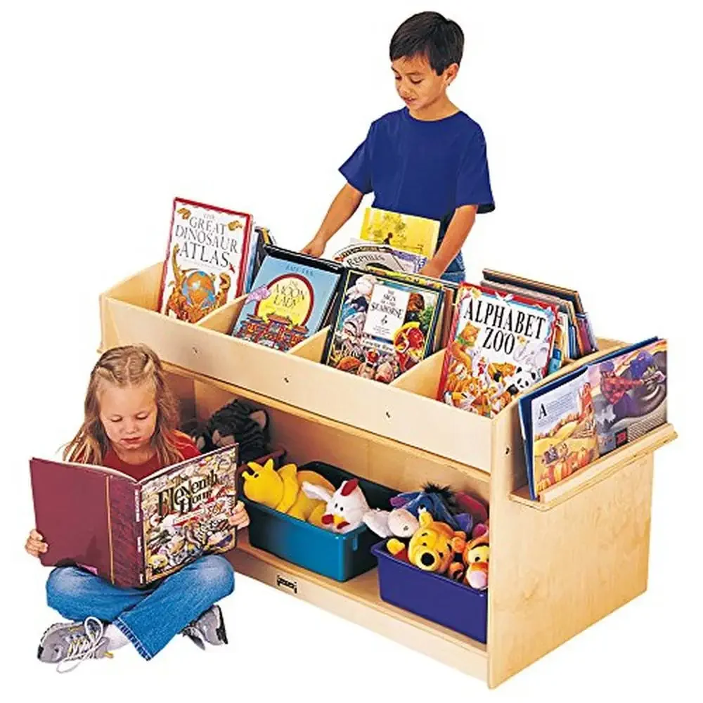 Mobile Book Storage Cart Bookshelf Kids Classroom Daycare & Home Use with Display Easels Versatile Kids Bookcase with Puppets &