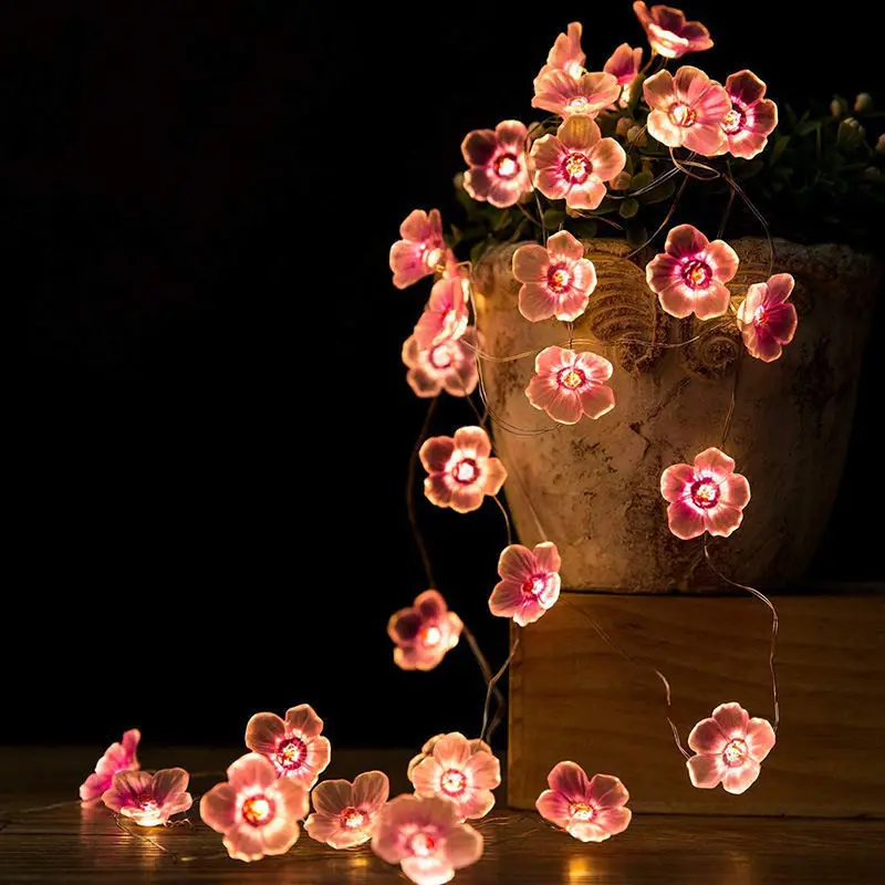 2m Cherry Blossom Flower Garland Lamp Battery Operated LED String Fairy Lights Crystal Flowers Indoor Wedding Christmas Decors