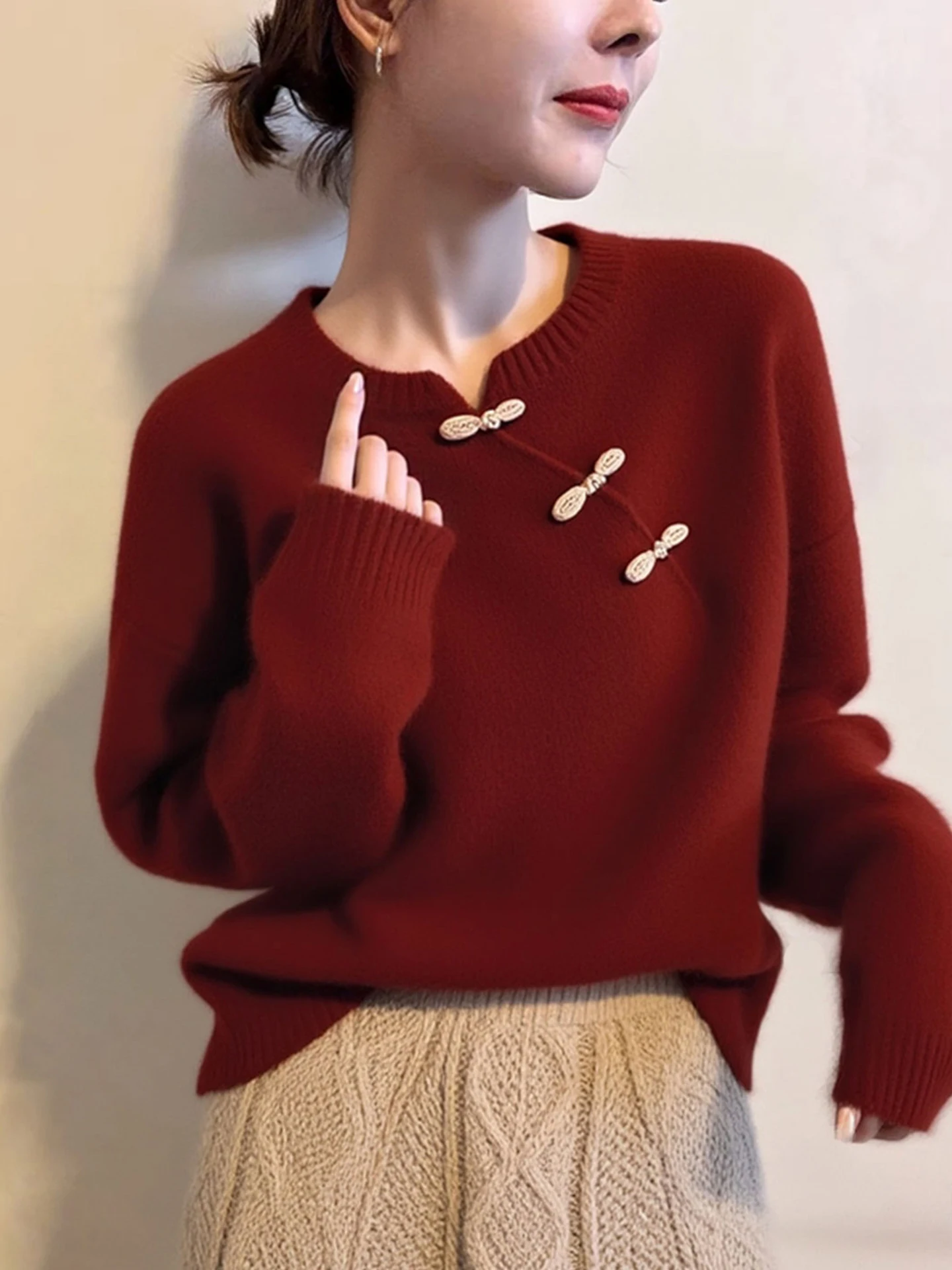 Maglione lavorato a maglia versatile rosso di Capodanno Casual Camere Long Sve Winter Faionable Overhead Top coreano Sle Loose Fit