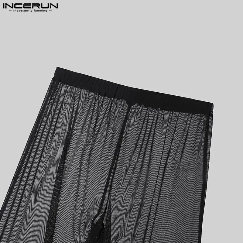 2024 Men Wide Leg Pants Mesh Transparent Loose Elastic Waist Streetwear Trousers Men Sexy Solid Color Fashion Pantalon INCERUN