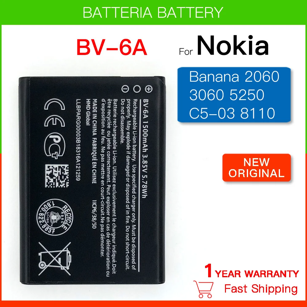 Original 1500mAh BV 6A BV6A BV-6A Battery For Nokia Banana 2060 3060 5250 C5-03 8110 4G Batteries Batteria