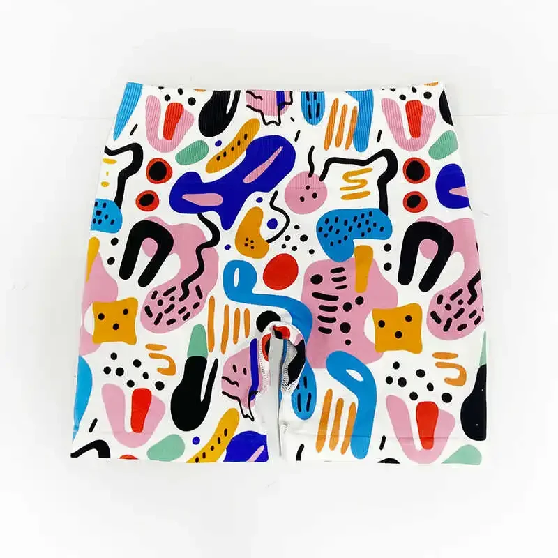 Verão dopamina cor graffiti impresso yoga shorts feminino cintura alta hip elevador barriga esportes fitness treinamento shorts