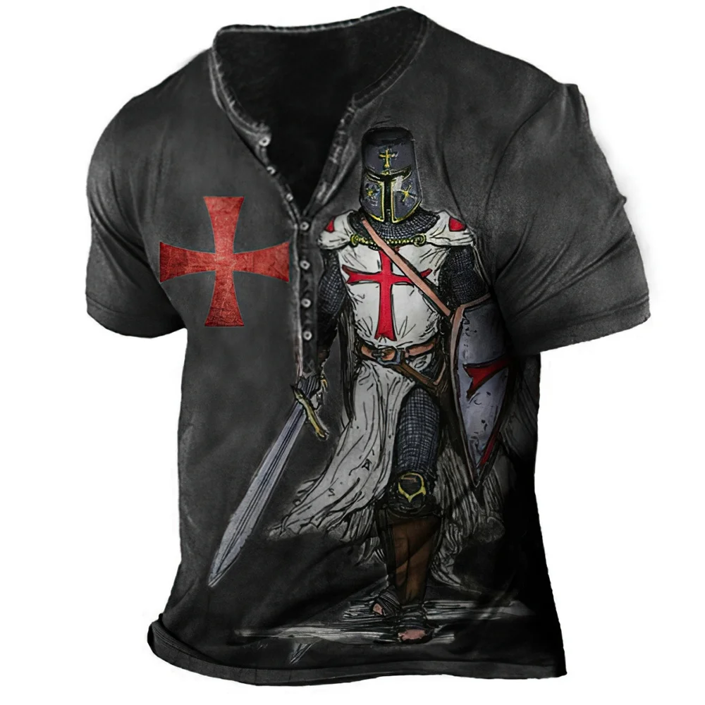 Vintage T-Shirt For Men 3D Knight Print Henley Shirt V-Neck Cotton Short Sleeve Oversized Tops Tee Shirt Men Clothing Streetwear