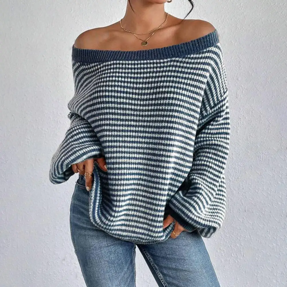 Soft Stretchy Fabric Sweater Loose Sleeve Sweater Striped Print Off Shoulder Women's Sweater Oversized Long Sleeve Knit Pullover