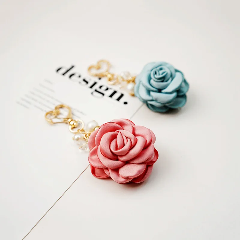 Korean Women Charms Fabric Rose Flower Ball Keychain Bag Pendant Female Creative Gift Fashion Party Jewelry Keychain