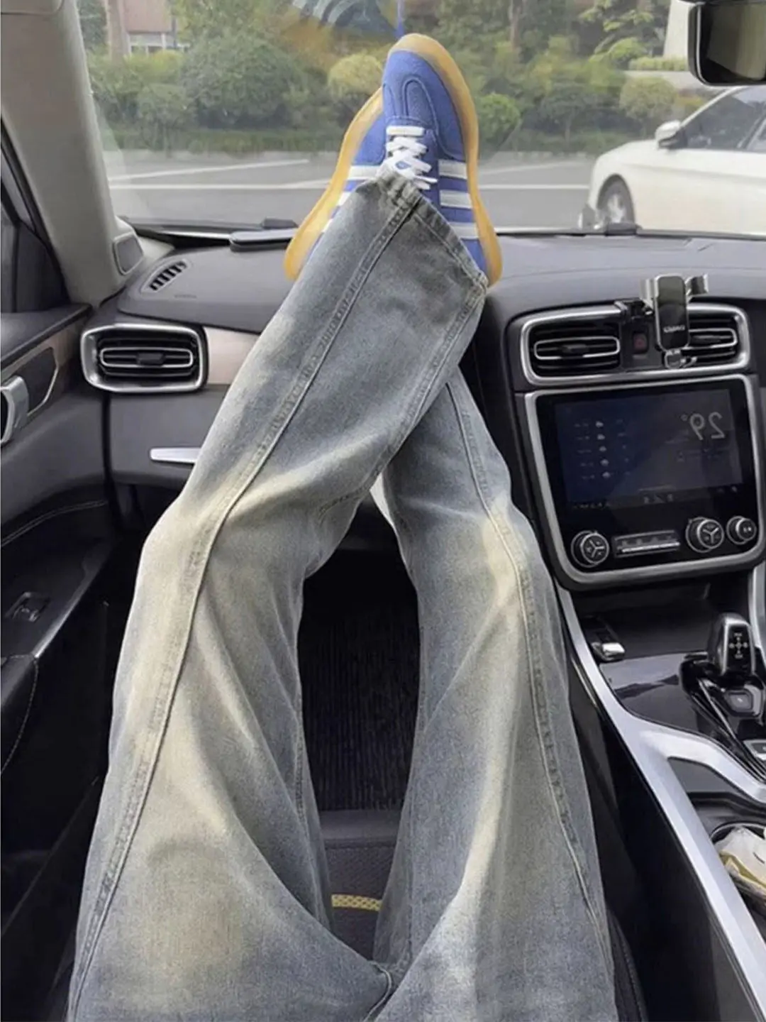 Calça Jeans Boca de Sino Unissex Estilo Americano Retrô Lavado Casual Solto com Efeito Emagrecedor Moda Jovem