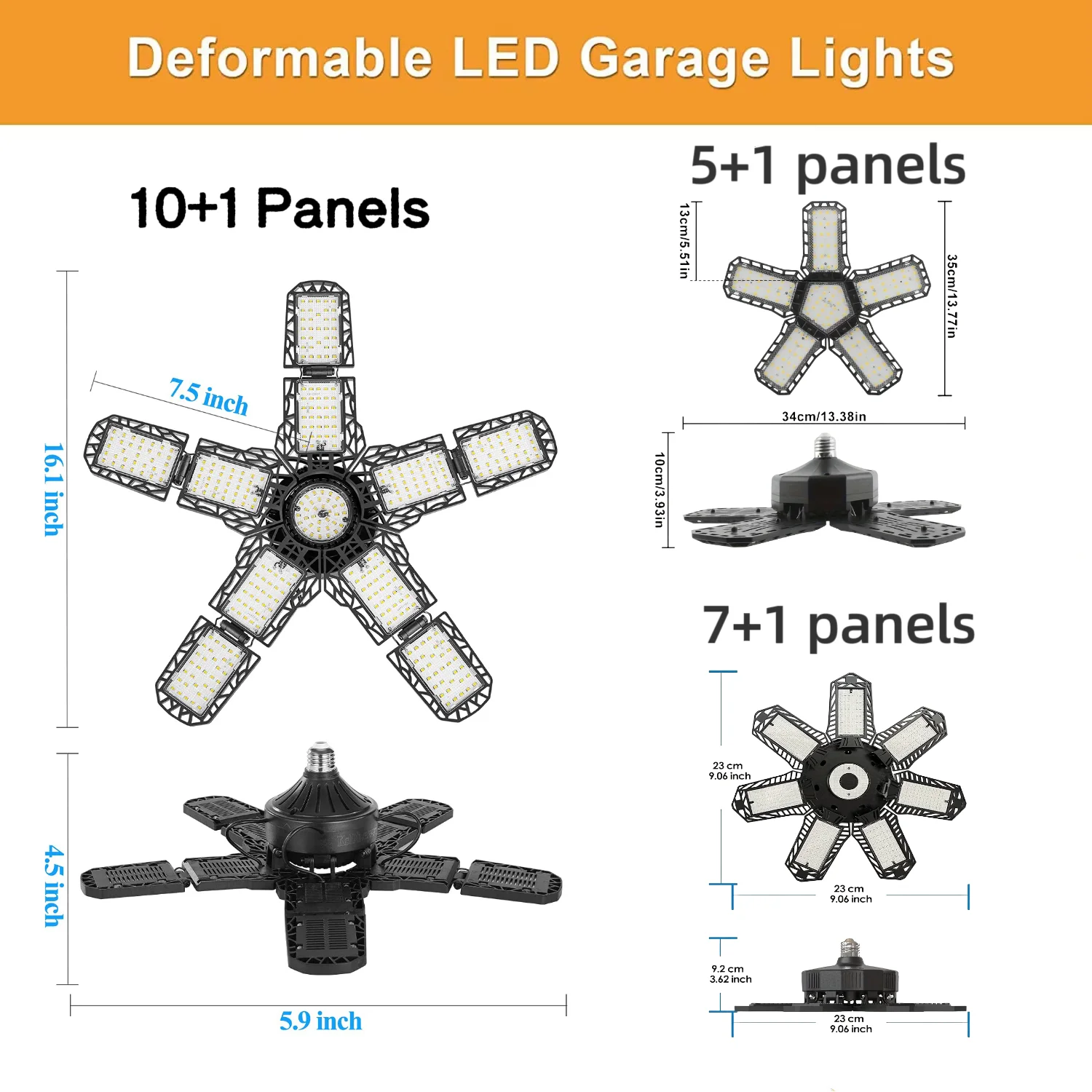 Deformable LED Bulb Garage Light with 5/7/10 Adjustable Panels, E26/E27 Socket Super Bright LED Shop Light for Garage Warehouse