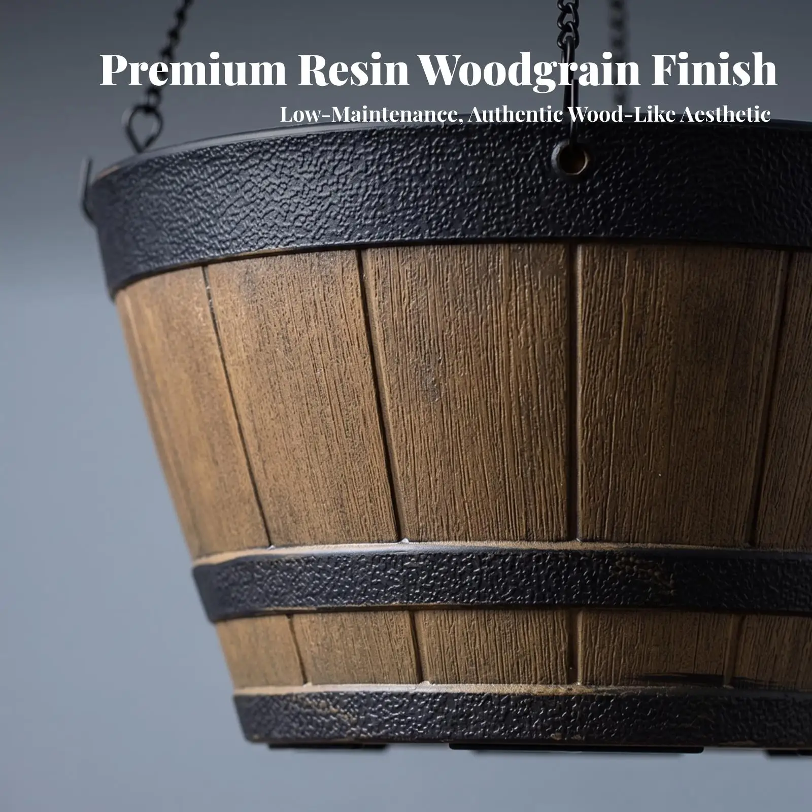 Hanging Planter with Wood Grain Rustic Barrel Planter Resin for Patio