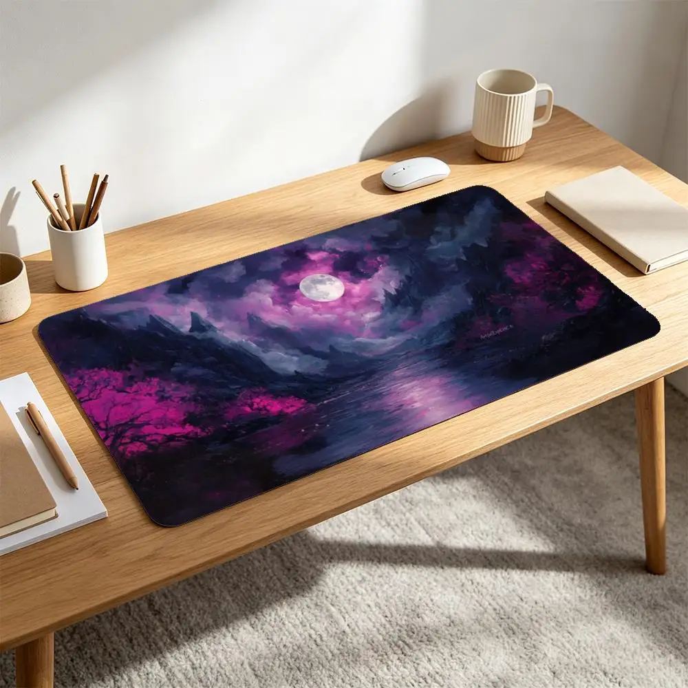Mystic Purple Night Valley Desk Pad Non Slip Rubber Mousepad Fantasy Landscape Full Moon Pink Flower Trees Mountain River