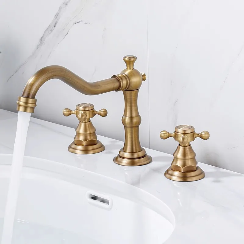 Antique Brass Bathroom Mixer Taps Widespread Basin Faucet Dual Handles Hot and Cold Tap Deck Mounted Brass Basin Sink Faucet