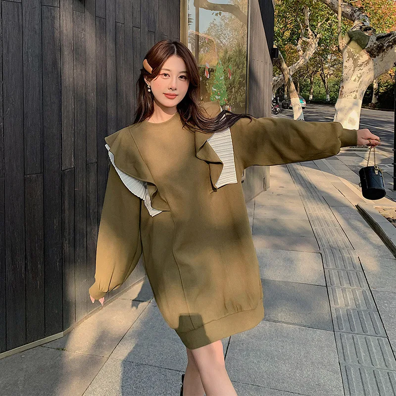 

SuperAen Зеленый Свободный корейский контрастный лоскутный дизайн пуловер с круглым вырезом для женщин Свитшот платье