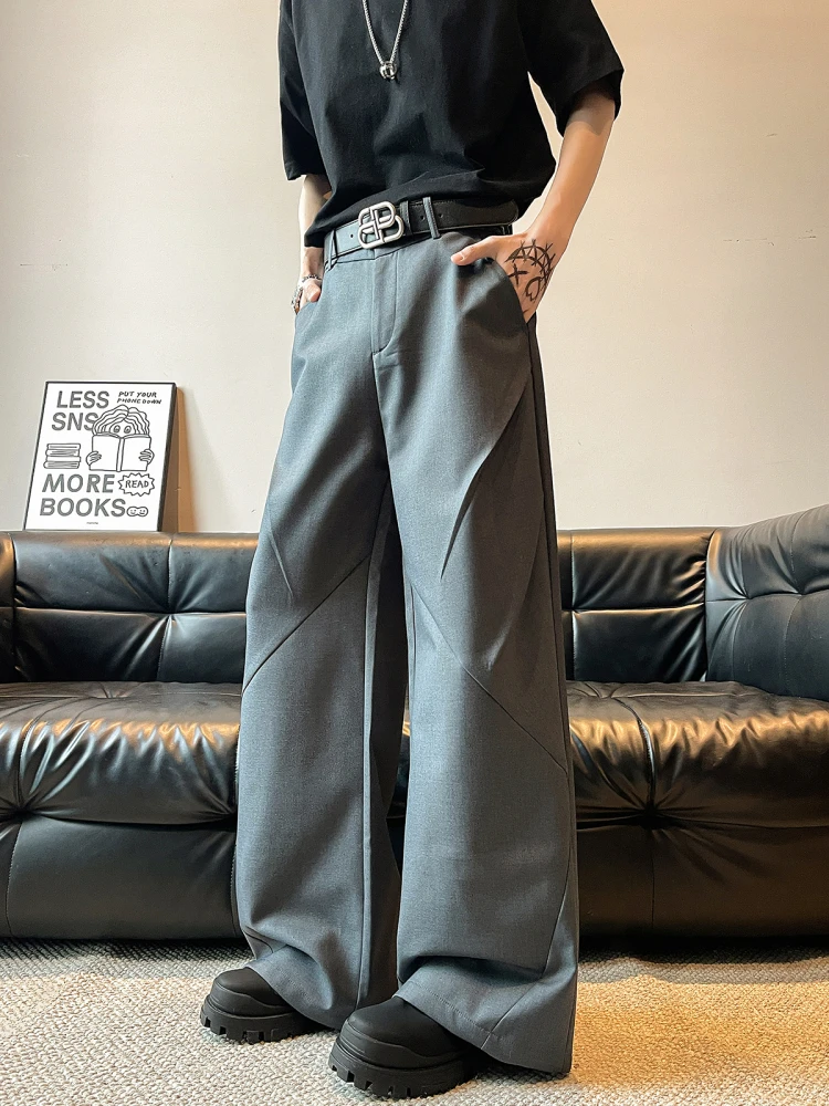 

ey Straight Leg Men's Suit Pants Casual Trousers with Pleats Wide Leg Design Loose Fit High Waist Button Closure Long Pants
