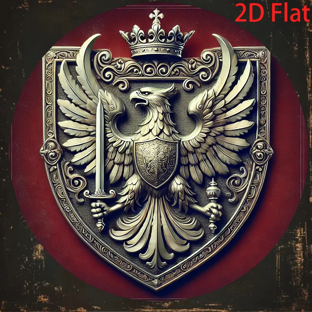 2D Flat, 2D Flat Printing 1pc Metal Iron Sign Crown and Sword Emblem with Ornate Detailing, 20.32x20.32cm Metal Sign - Pre-Drill