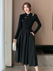 Chinese Style High Quality Fall Winter Black Knitted Sweater Slim Waist Midi Patchwork Dresses Elegant Women Chic Buttons Vestid