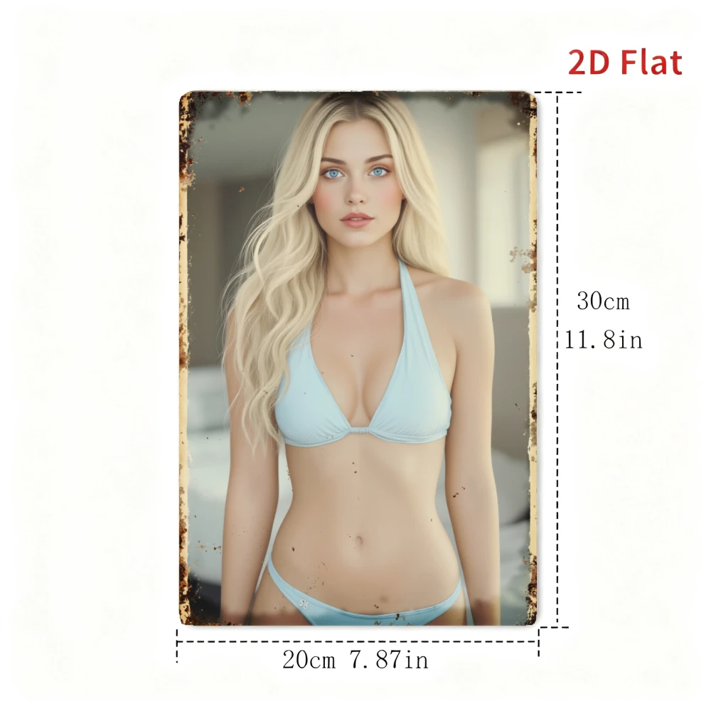 2D Retro Metal Sign, Vintage Bikini Girl Wall Art, Blue Eye Blonde Decor, Flat Ornament for Bathroom Garage Kitchen Bar Home
