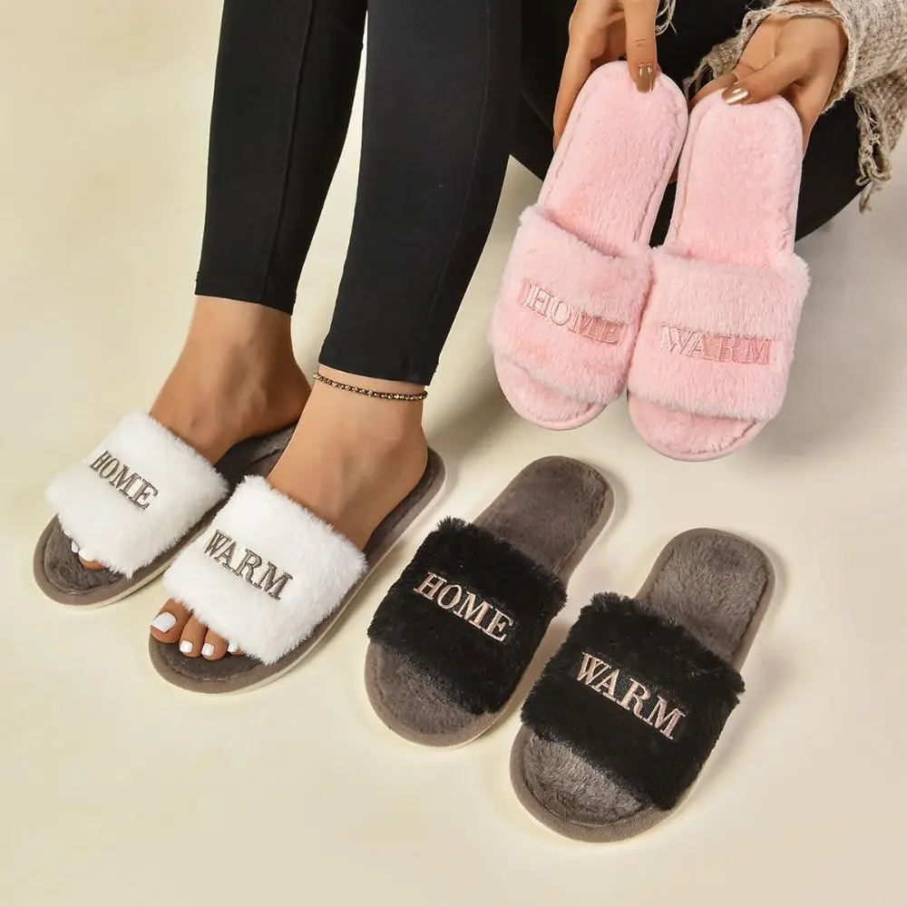 

Elegant Soft Casual Fluffy Slippers Anti Slip Warm Women Home Flats Letter Thick Sole Home Cotton Shoes Girls