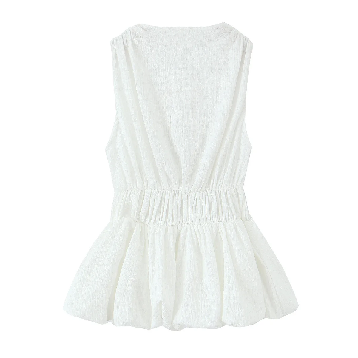 Autunno da donna nuovo semplice scollo a V profondo bordo con fiocco strutturato casual top slim pendolarismo elegante top corto senza maniche in vita elastica