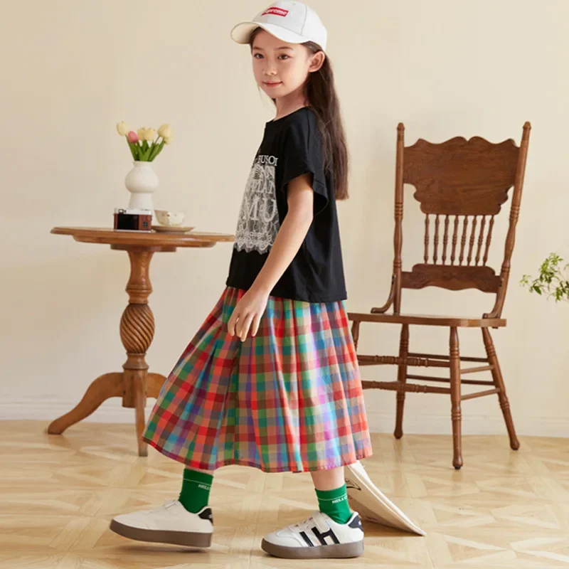เด็กวัยรุ่นกระโปรงยาวผ้าฝ้ายสายรุ้งกระโปรงลายสก๊อตสําหรับสาวฤดูใบไม้ผลิฤดูร้อนสบายๆทุกวันเรียบง่ายกระโปรงอเนกประสงค์ 6 8 10 12 ปี