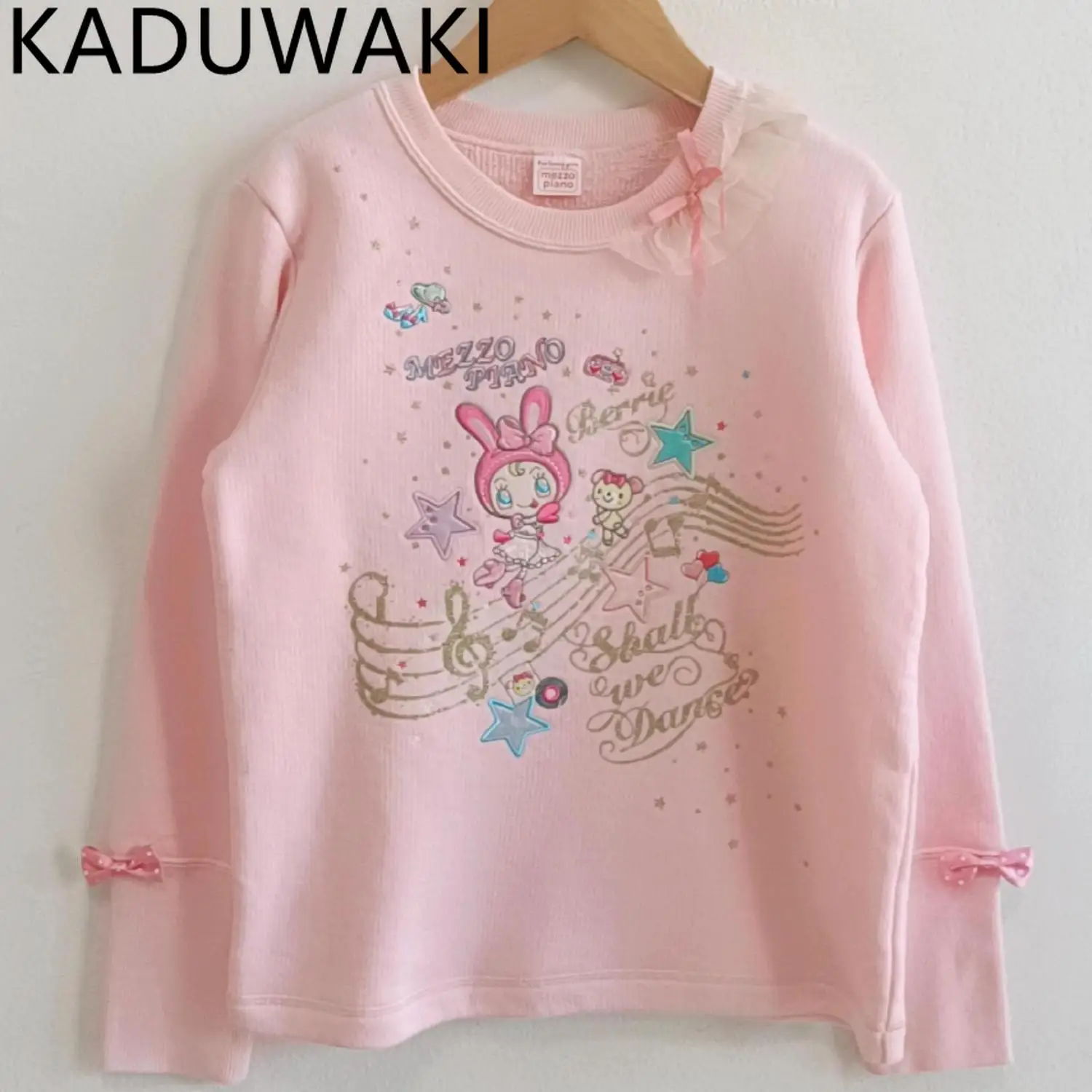 

O-neck Bow Long Sleeve Top Japanese Sweet Kawaii Cartoon Print Loose Casual Pullover Tshirts Pink Lolita Style Funny Clothing