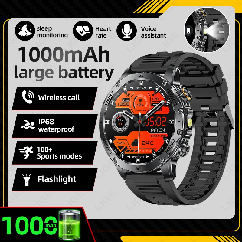 LIGE 2025 Nuovo 1000mAh Sport all'aria aperta Monitor Fitness Smart Watch 1.7 pollici Chiamata Bluetooth IP68 Torcia impermeabile Smartwatch