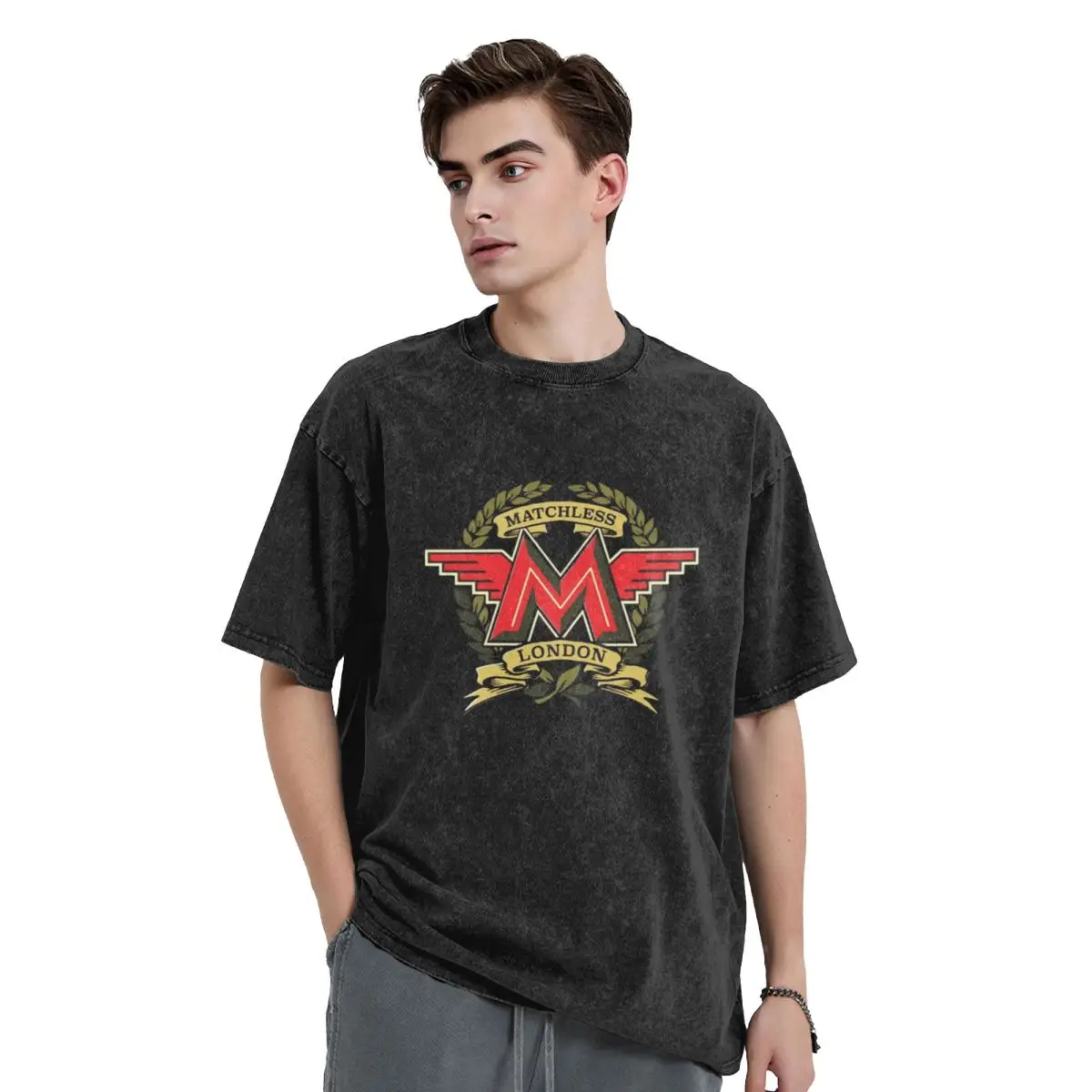 Classic British Motorcycle - Matchless Retro Washed T Shirt Men's Oversized Tees Tops