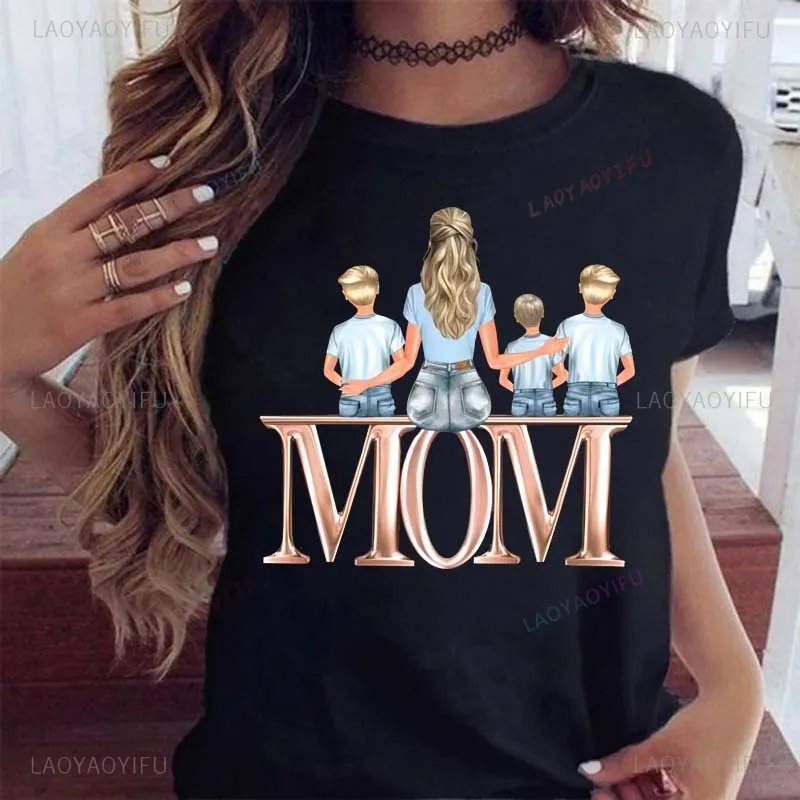 Maycaur Women Cartoon MOM whith Sons and duanghts Pattern Fashion Print Casual Ladies Female  Short Sleeve T-shirt