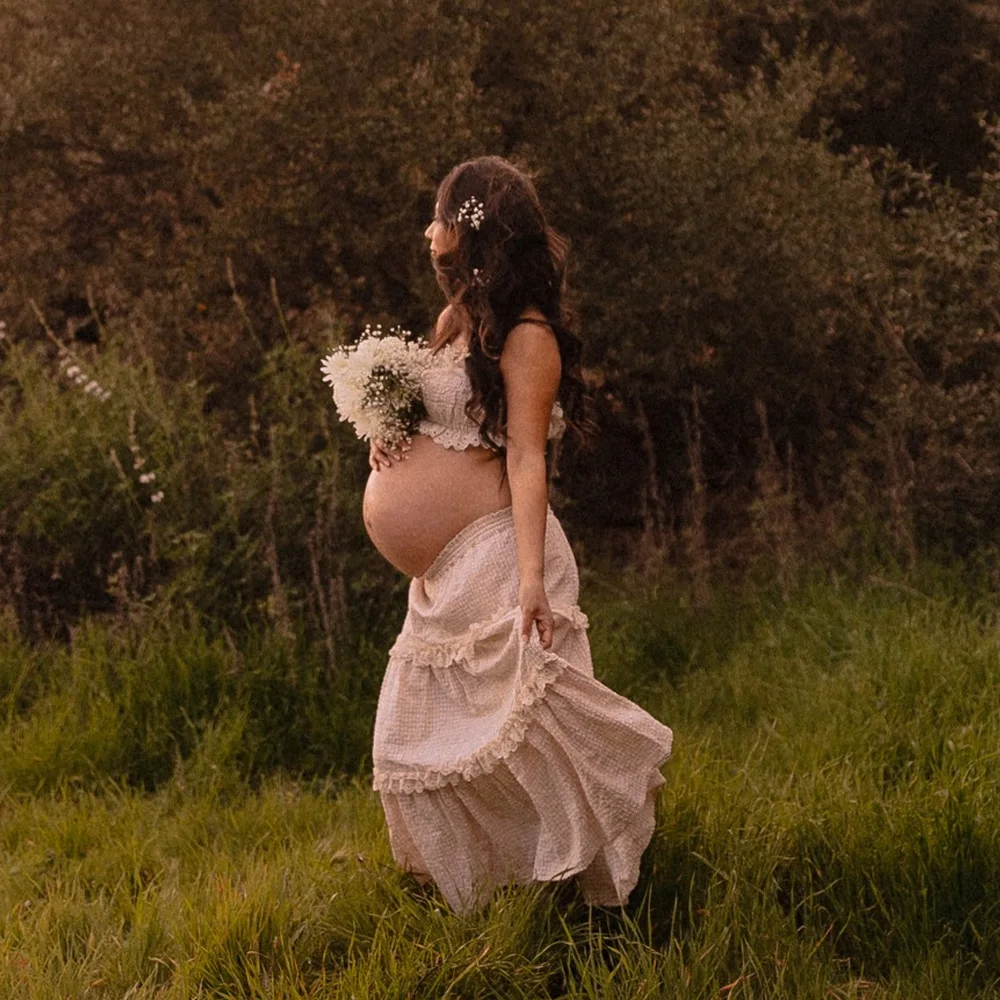 Umstandskleider für Babypartys, besticktes, kariertes, trägerloses, zweiteiliges Spitzenkleid, Schwangerschaftsfotografie-Outfit