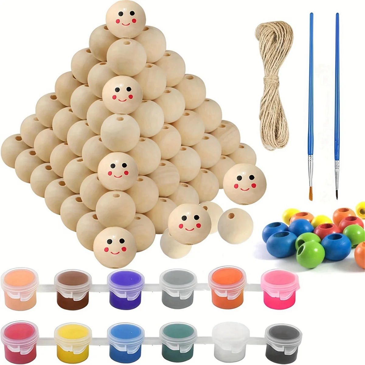 AA25 1 Set Graffiti Wood Beads Kit Wooden Beads Smile Face Wood Spacer Printed Wooden for DIY Craft Art Jewelry Making