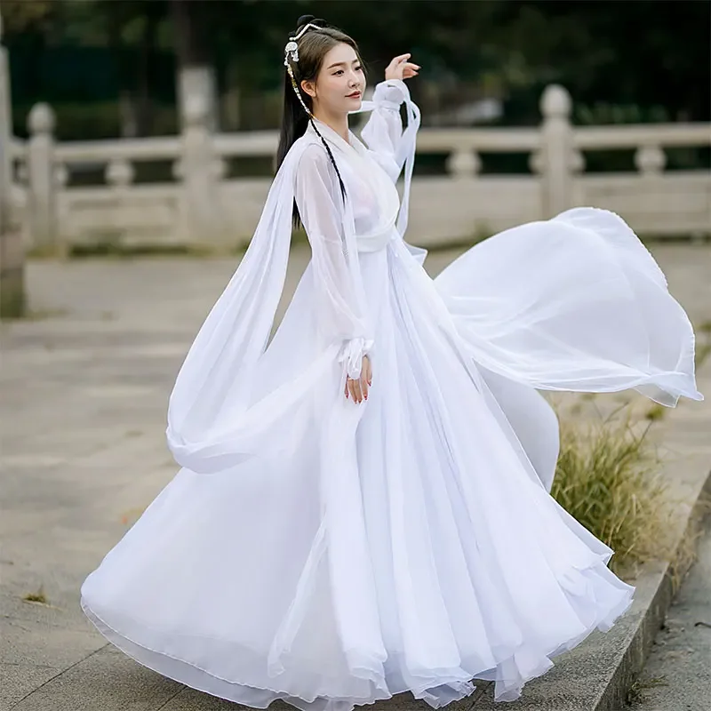 

WATER White Ancient Costume Hanfu Women's Elegant Fairy Chinese Style Improved Dress Women's Ancient Style Cross Collar