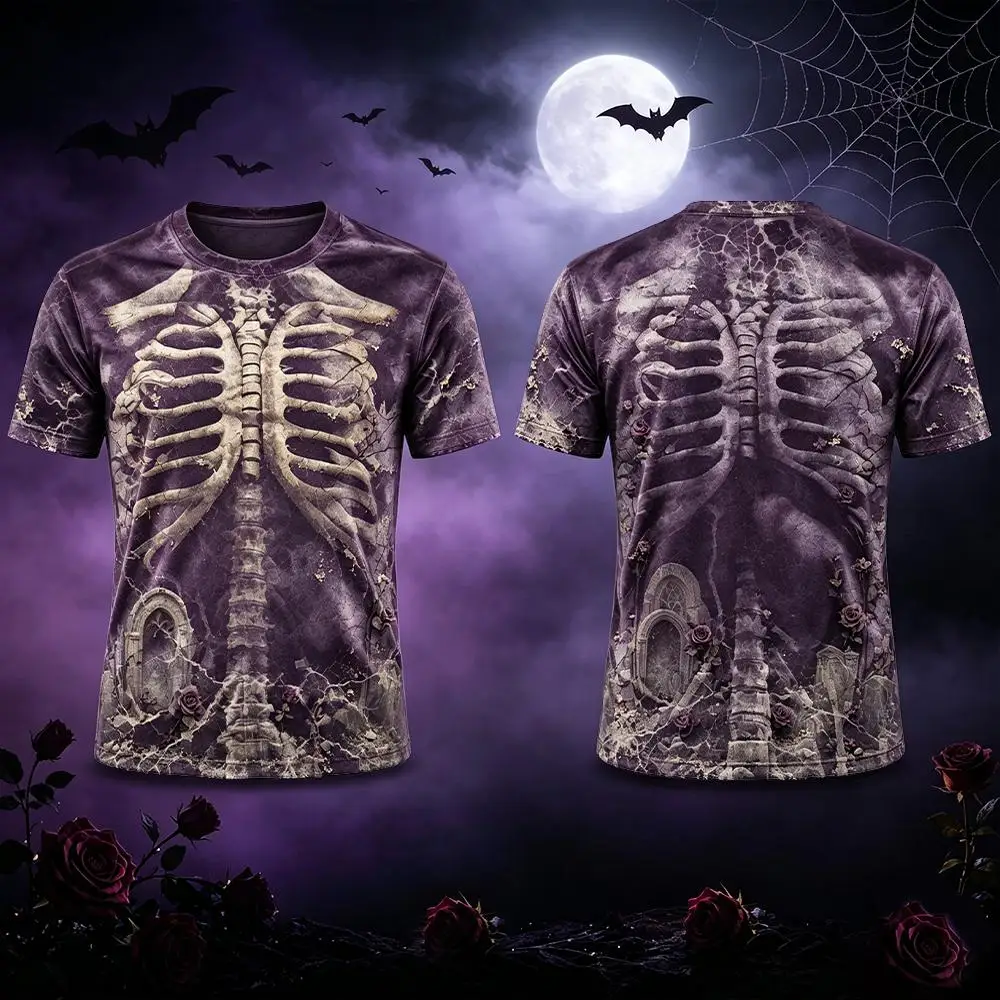 Scary Skeleton Print Men's T‑Shirt Breathable Quick-drying Crew Neck Tee Halloween Street Festival Fashion Casual Unisex Tops