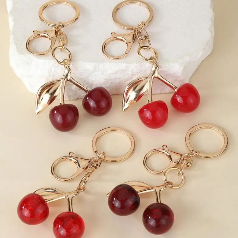 1Pcs Elegant Retro Fruit Resin Cherry Keychain Golden Hardware Bag Charm Glitter Pendant For Handbag Car Key Decor Supply