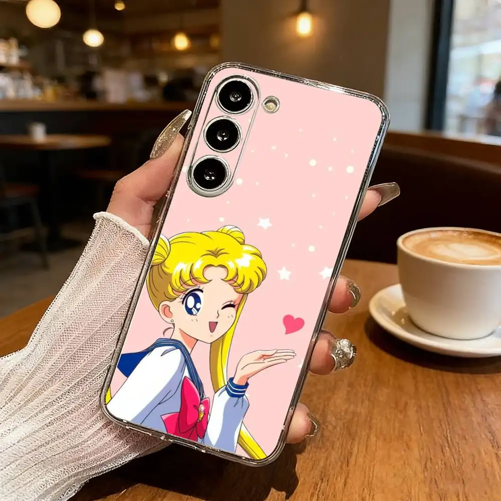 Kawayii cartoon S-Sailor Moon Phone Case For Samsung Galaxy S24 S25 S23 S22 S21 Plus S24 S25 Transparent Cover Case