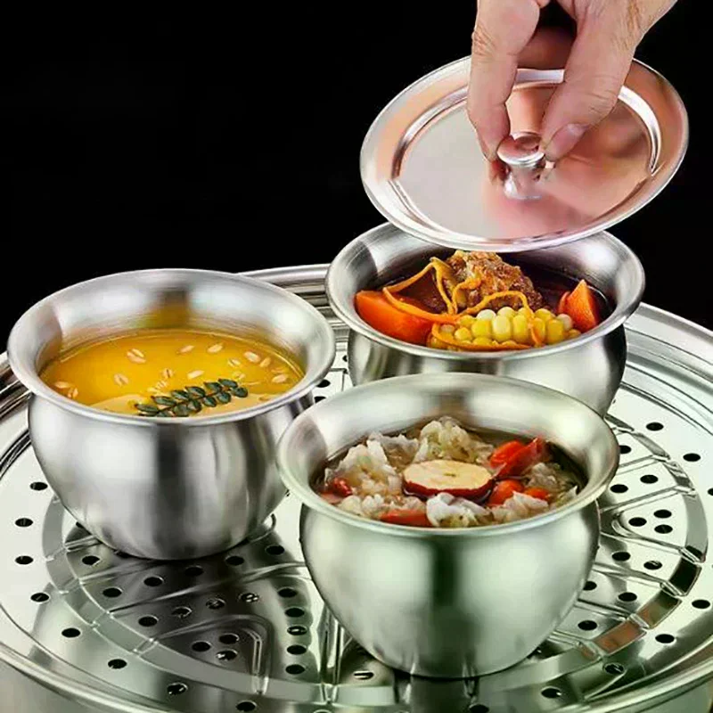 Steel Steamed Egg Bowl Ramen Rice Fruit Salad Stew Bowls With Lids Soup Cup Food Container Kitchen Tableware Supplies Stainless