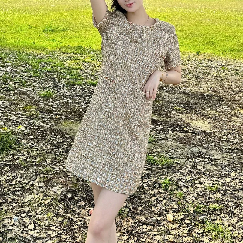 High Quality Luxury French Small Fragrance Gold Dress Round Neck Sequins Beaded Lace Loose Party Tweed Dress Women Summer