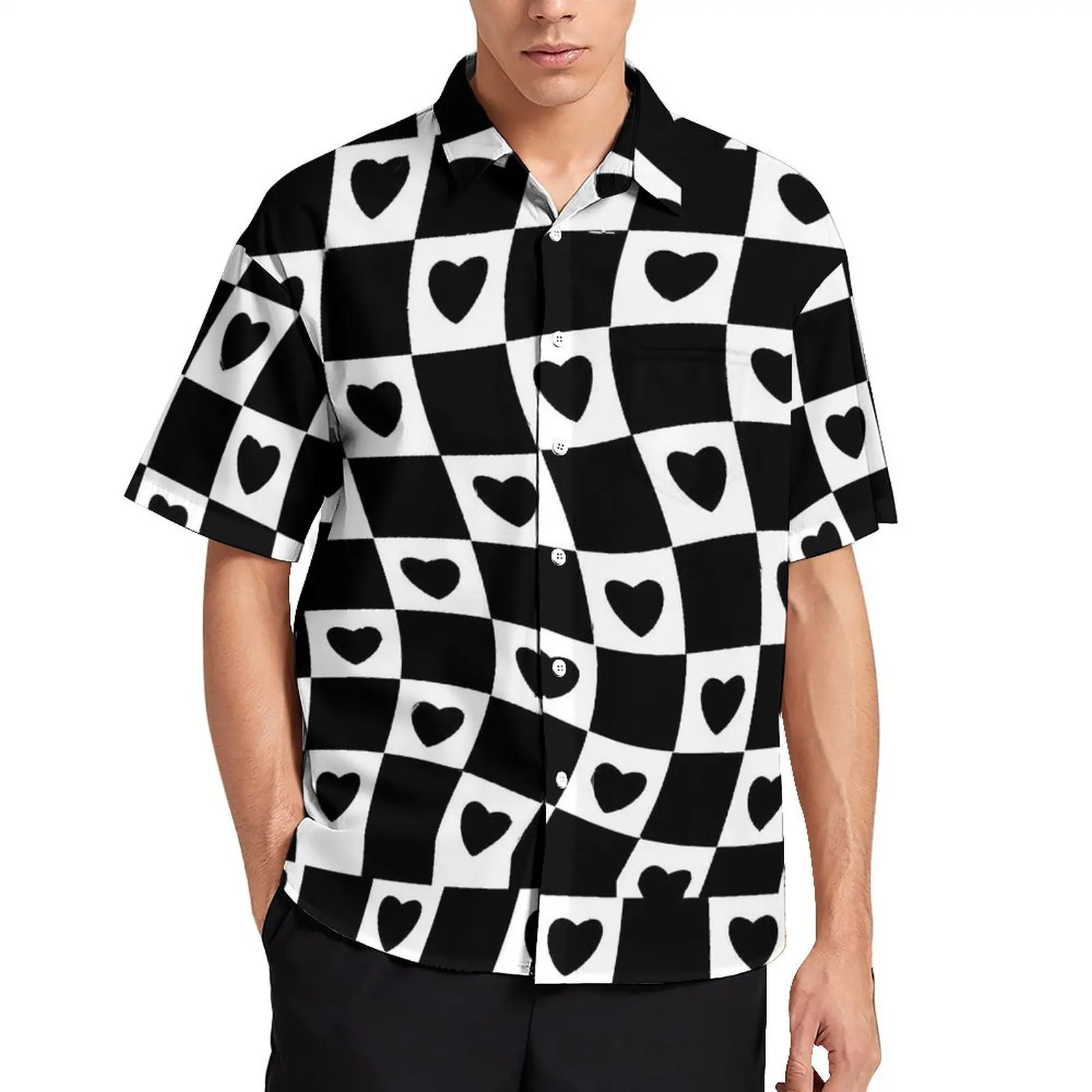 

Hearts Check Print Beach Shirt Black And White Hawaii Casual Shirts Male Vintage Blouses Short Sleeve Harajuku Pattern Top