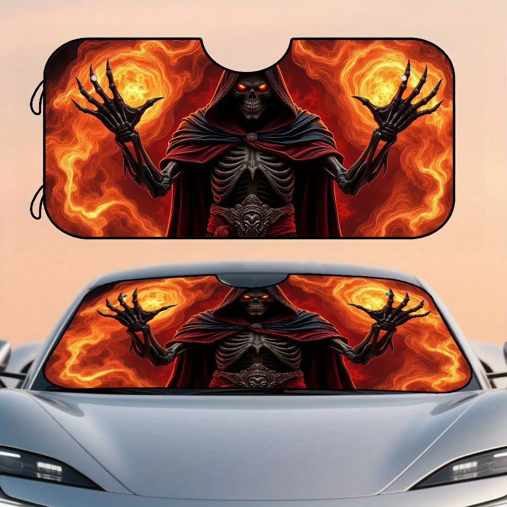 1pc, Car Sunshade With Dark Fantasy Skull Sorcerer Fire Magic Halloween Print, Foldable And Lightweight, Ideal For Long Drives I