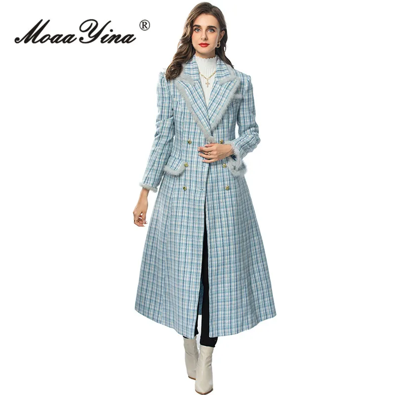 MoaaYina Autumn/winter New Style Streetwear Designer Coat Women Sky Blue Notched Double-Breasted Long-Sleeved S-4XL Overcoat