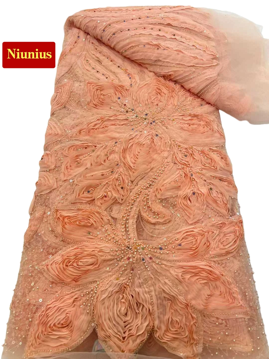 

2026Best Quality Austria Delicate Elegant Soft Chiffon Beaded Tube Lace with Stones Fabric for Party Evening Dress NN5978_R