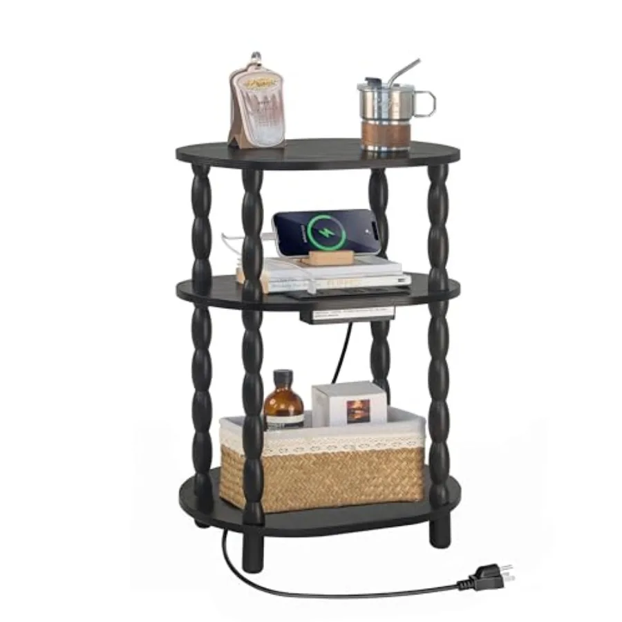 

Black side table with charging station for living room and bedroom, 3-tier small oval end table with USB ports and outlet, mode