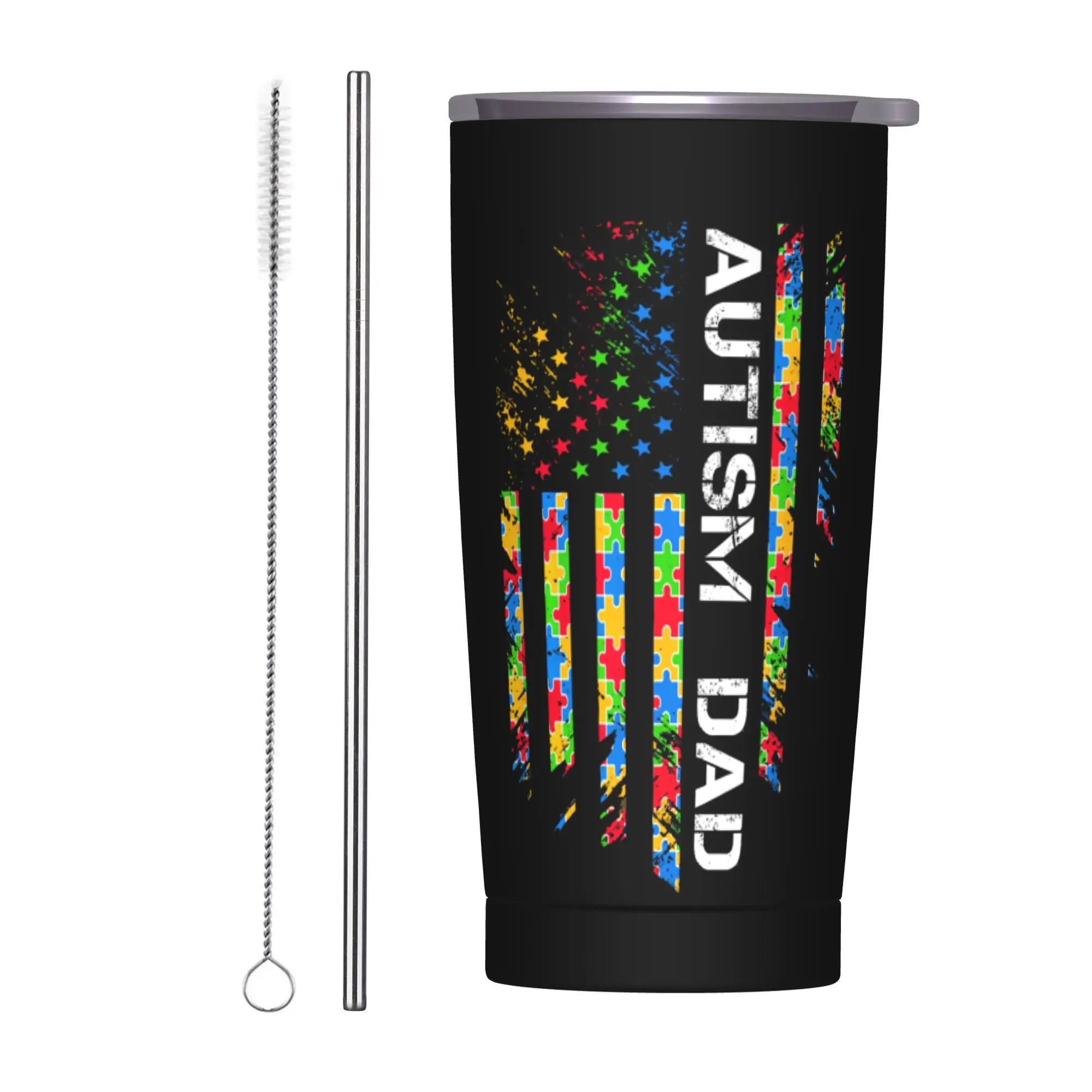 Stainless Steel Tumbler Autism Dad Autism Awareness American Flag  Coffee Mug Portable Cold Drink Car Mugs Driving Water Bottle